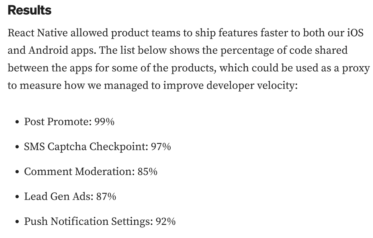 인스타그램에서 ReactNative로 얼마나 개발 속도가 상승되었는지 보여주는 기사 일부