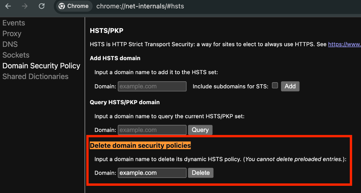 chrome://net-internals#hsts에서 Domain을 Delete하는 모습